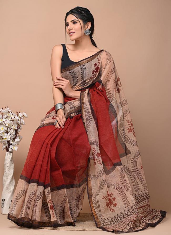 Cotton Red  Digital Printed Saree